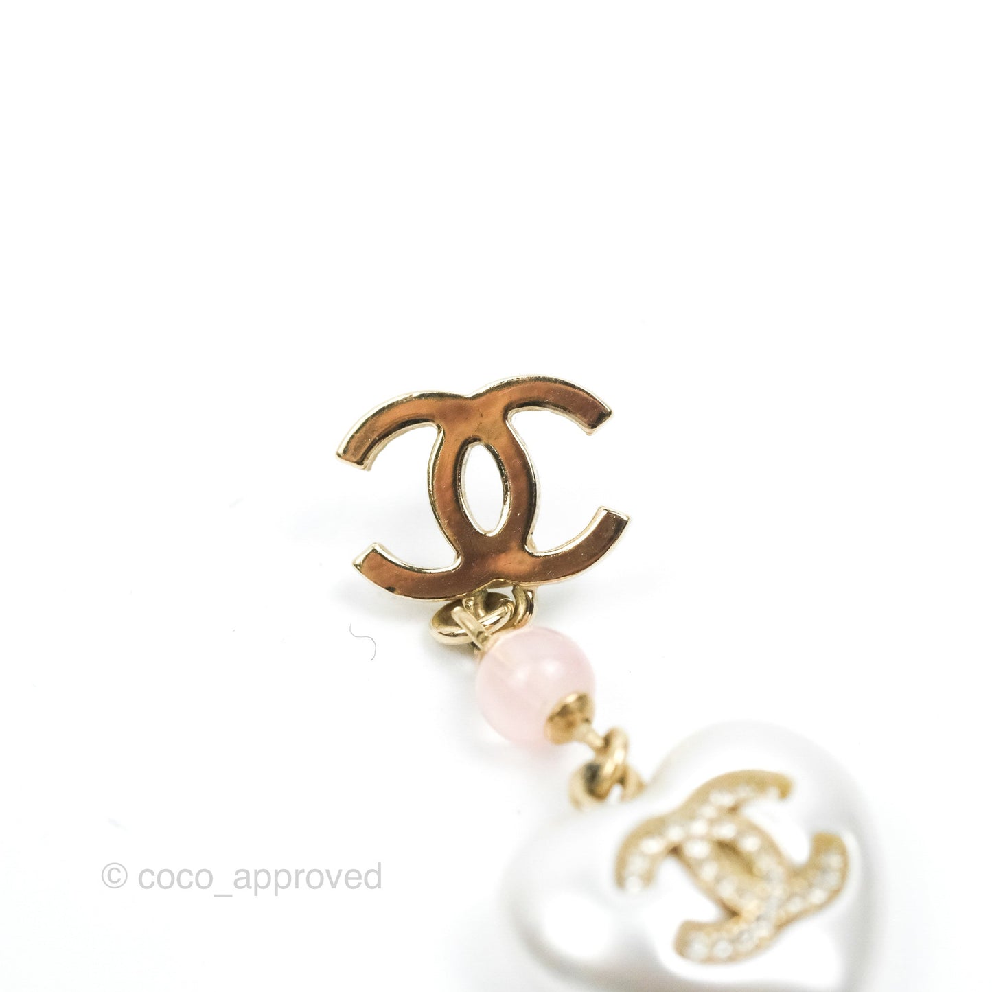 Chanel CC Pink Bead Heart Pearl Crystal CC Drop Earrings Gold Tone 21B