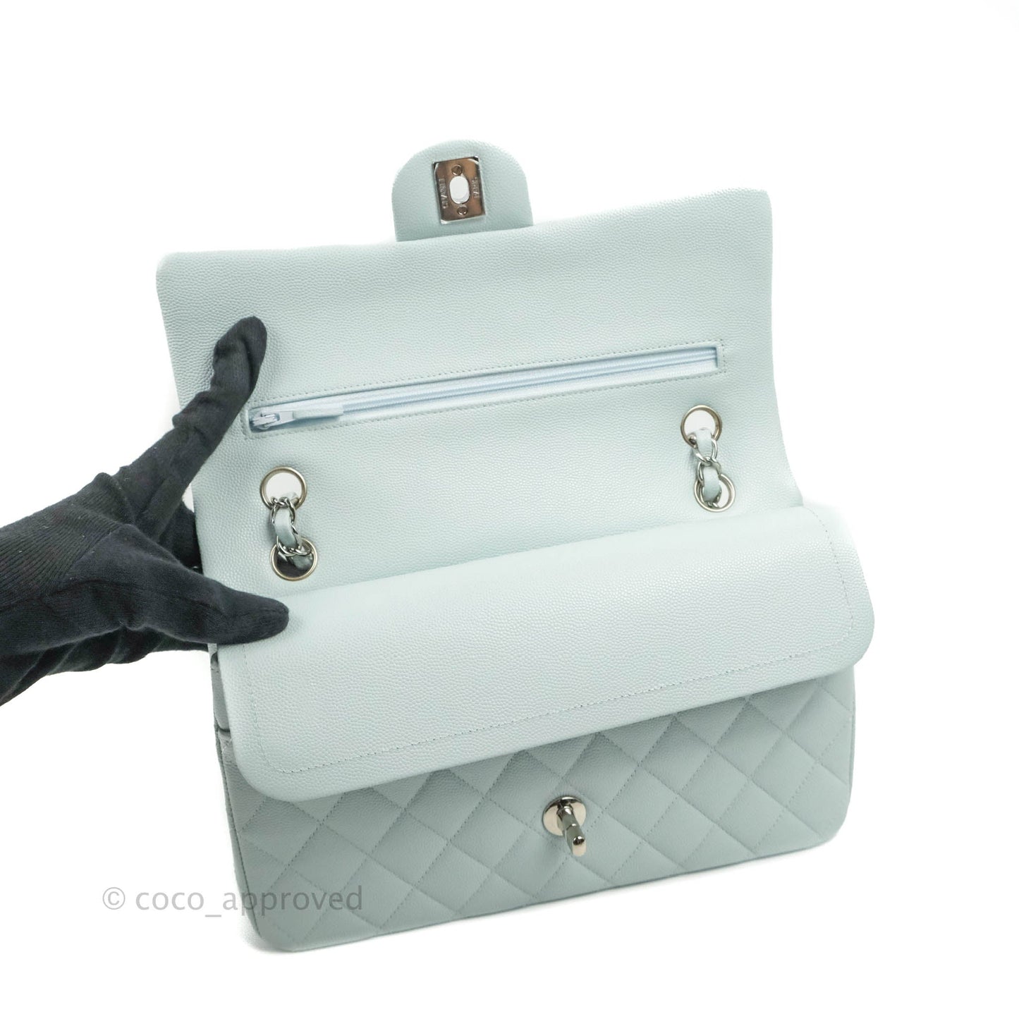 Chanel Quilted Classic M/L Medium Flap Light Blue Caviar Silver Hardware