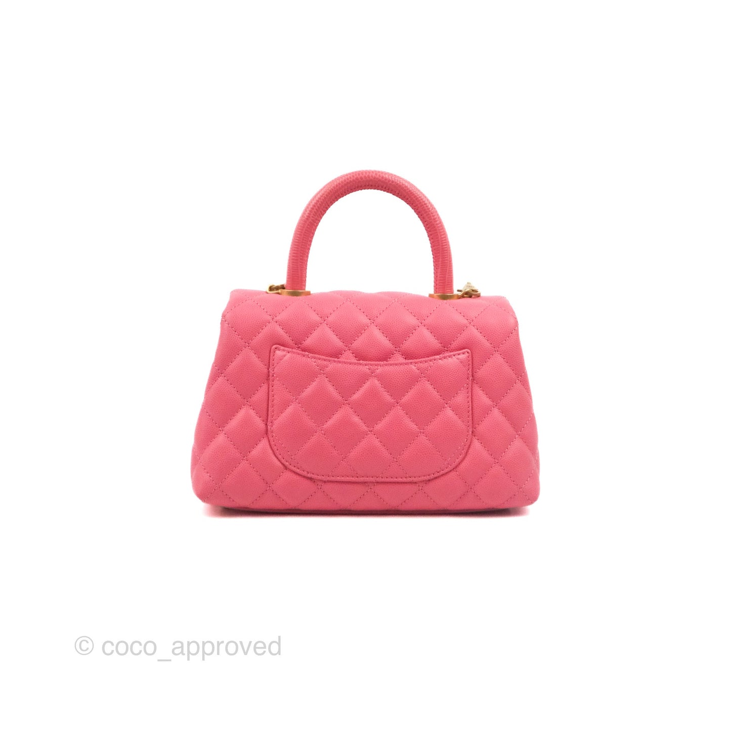 Chanel Small Coco Handle Quilted Pink Caviar Aged Gold Hardware Lizard Embossed Handle