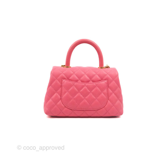 Chanel Small Coco Handle Quilted Pink Caviar Aged Gold Hardware Lizard Embossed Handle