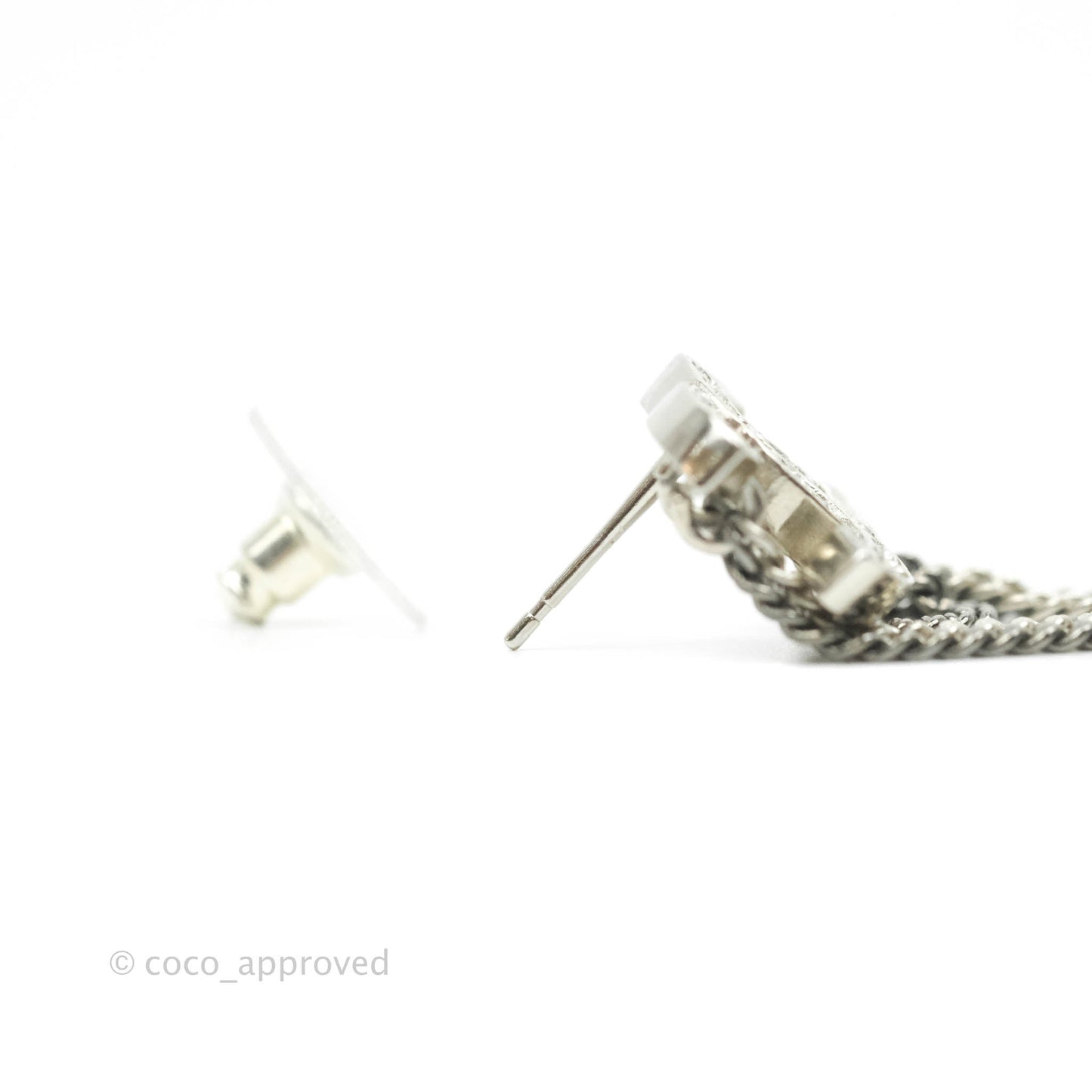 Chanel Crystal CC Chain Earrings Silver Tone 21B