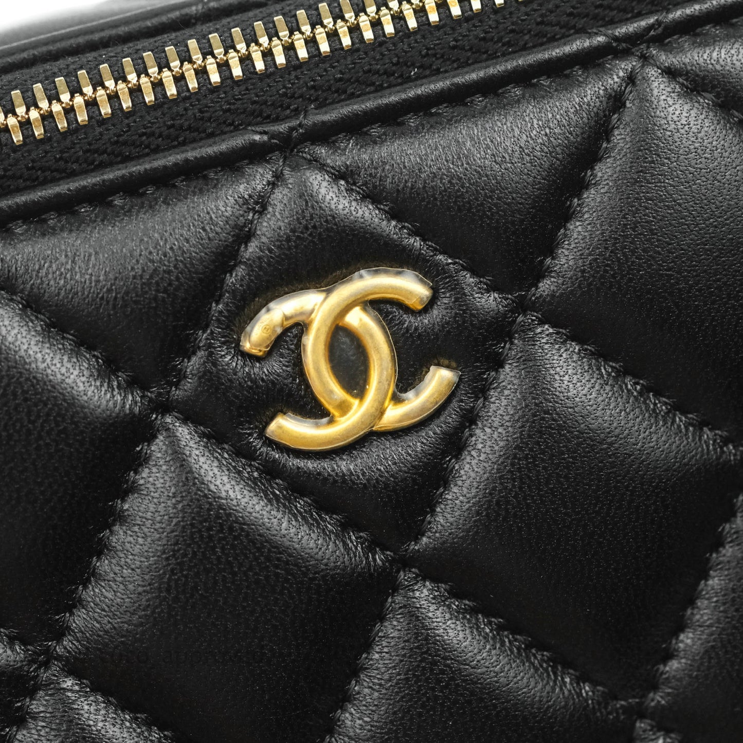 Chanel Vanity with Pearl Crush Chain in Black Lambskin Aged Gold Hardware