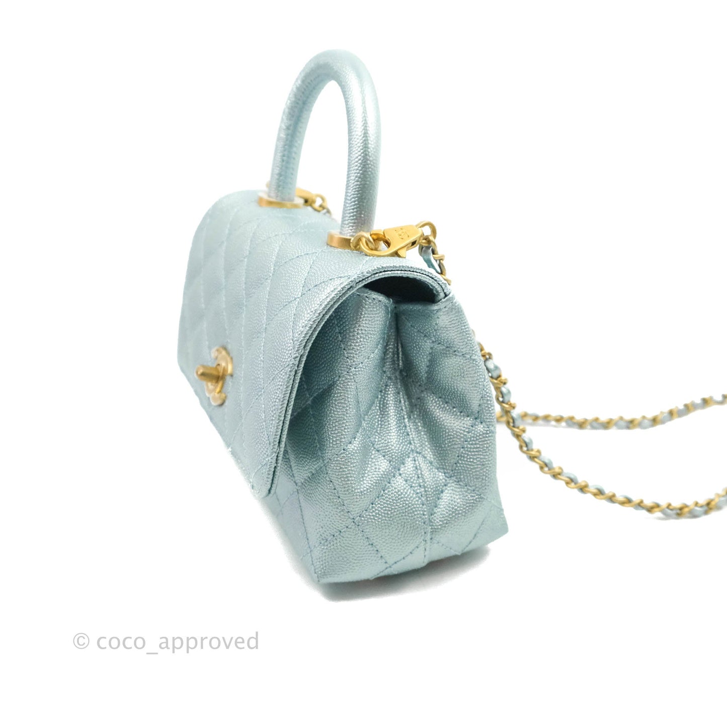 Chanel Mini Coco Handle Quilted Iridescent Blue Caviar Gold Hardware