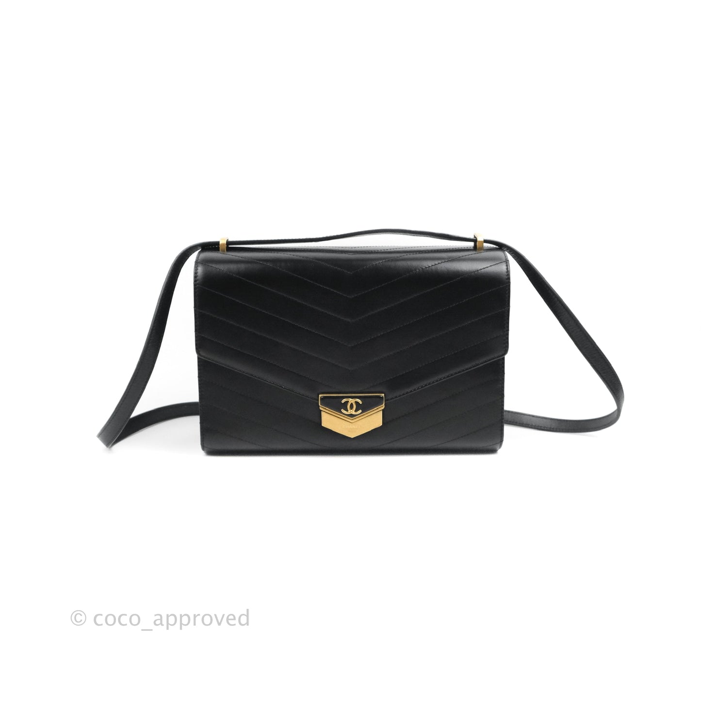 Chanel Medal Envelope Flap Bag Chevron Black Calfskin Aged Gold Hardware