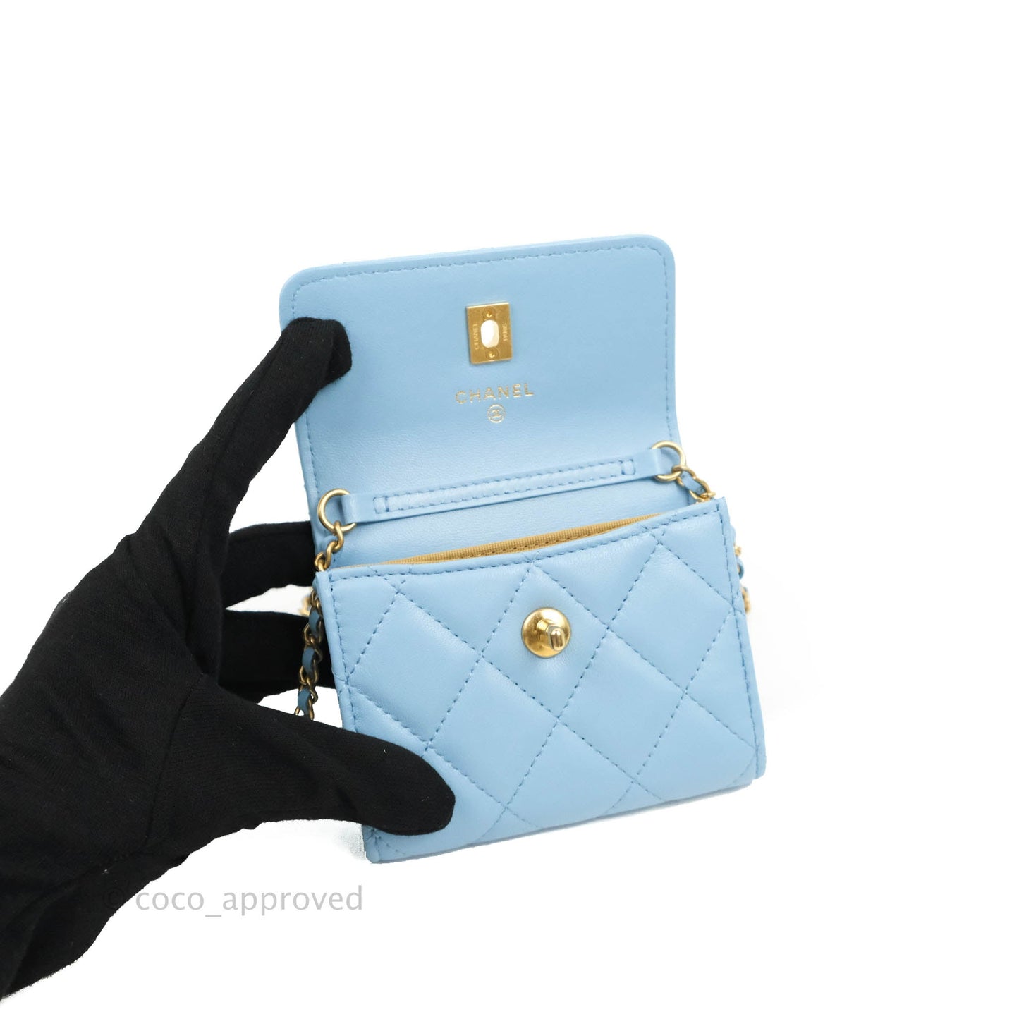 Chanel Pearl Crush Mini Clutch With Chain Blue Lambskin Aged Gold Hardware