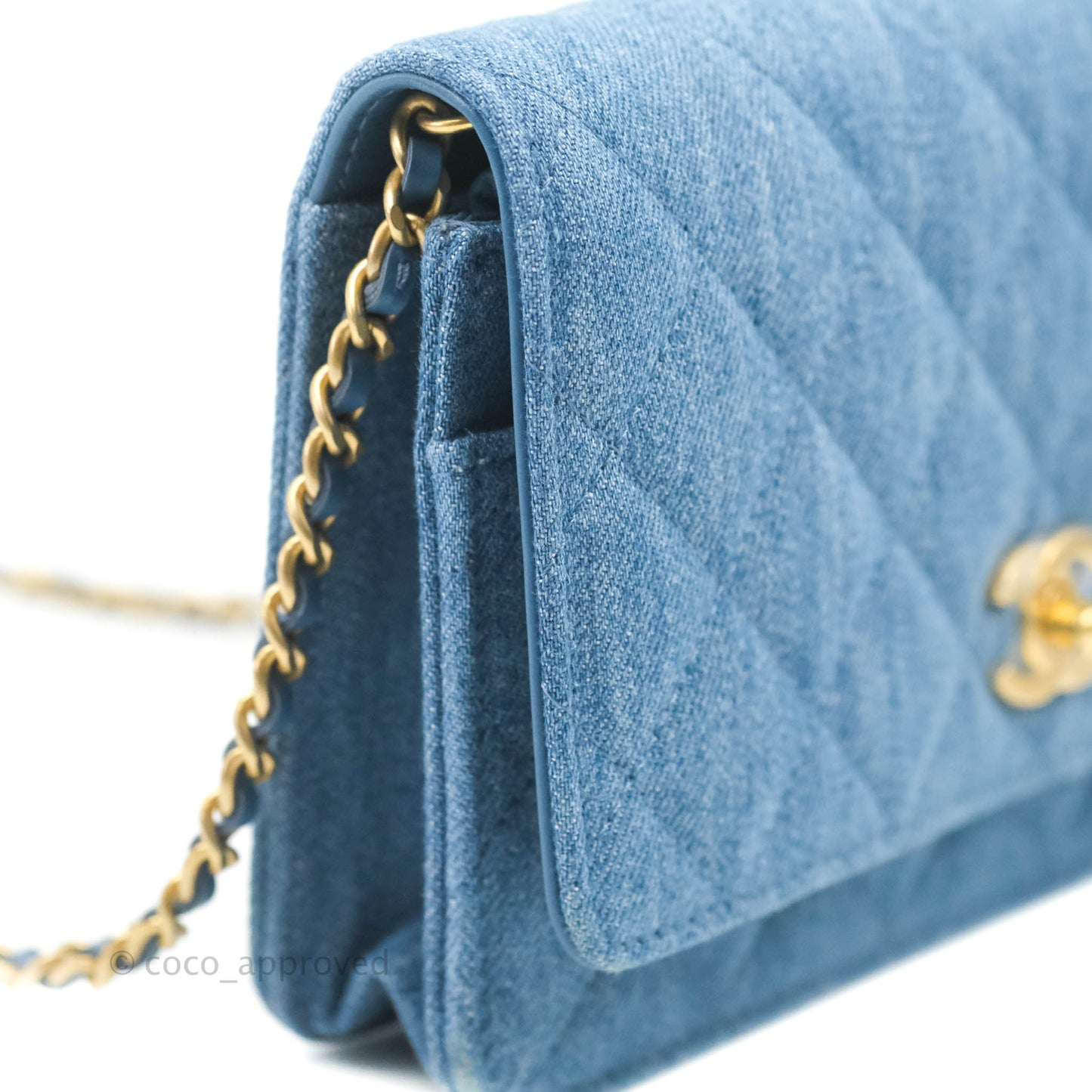 Chanel Quilted Pearl Crush Wallet on Chain WOC Denim Aged Gold Hardware