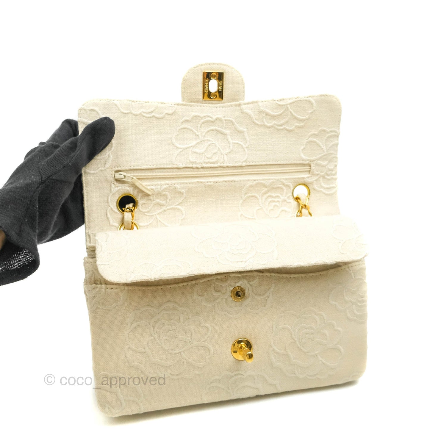 Chanel Small Flap Camellia Embroidered Ivory Beige Linen Canvas 24K Gold Hardware