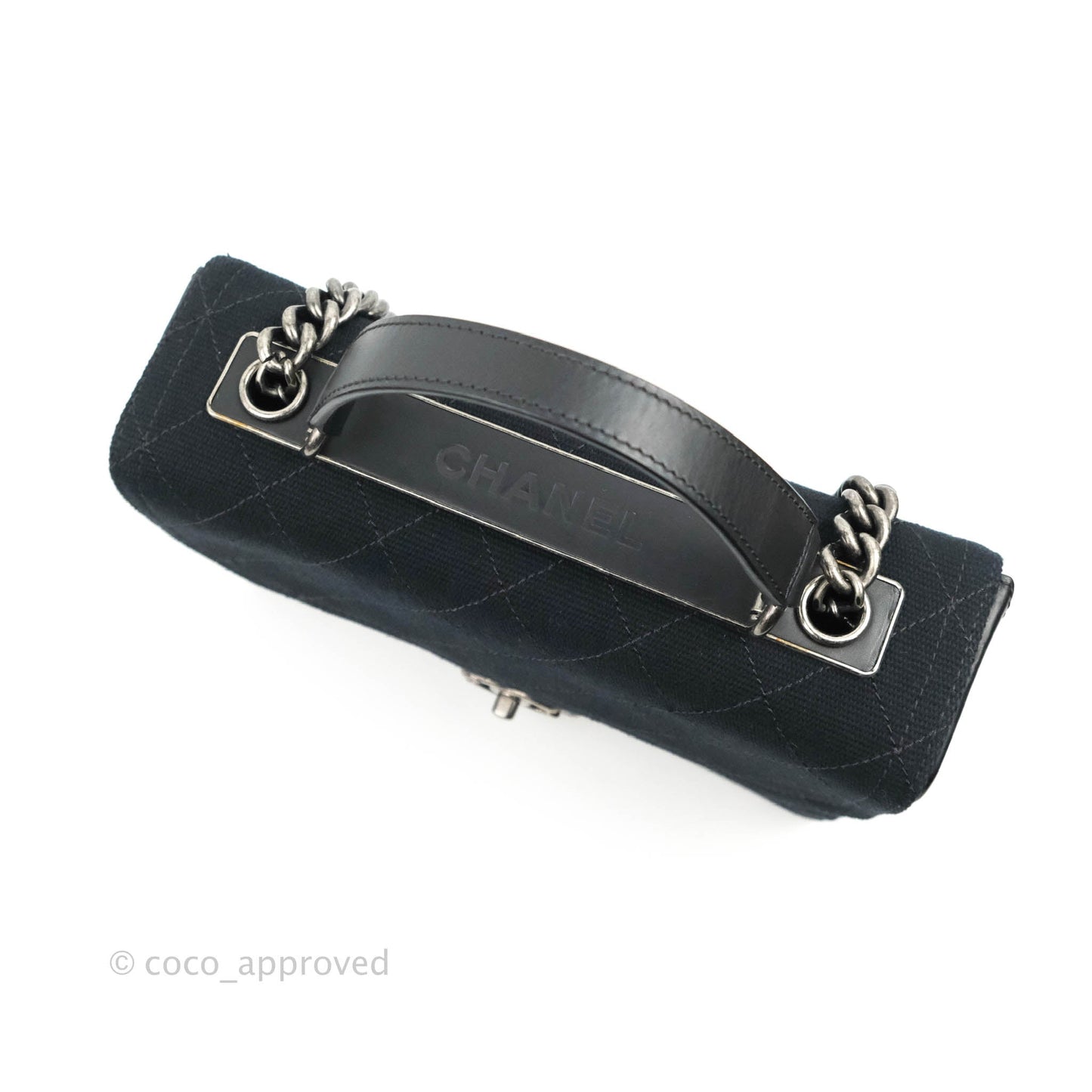 Chanel Quilted CC Top Handle with Chain Dark Navy Fabric Ruthenium Hardware 15P