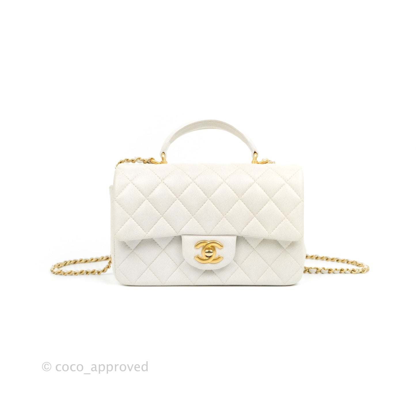 Chanel Top Handle Mini Rectangular Flap Bag Iridescent White Lambskin Aged Gold Hardware