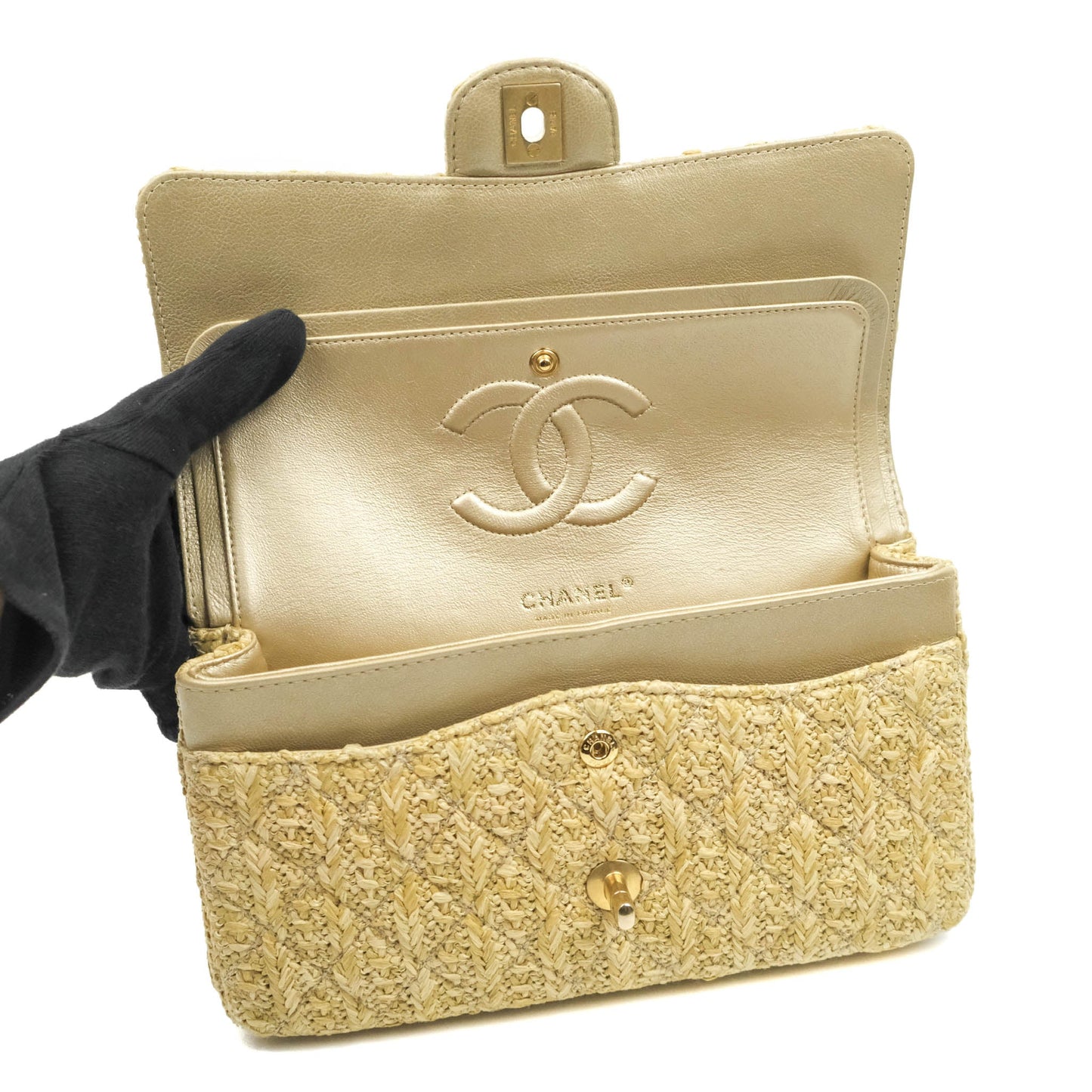 Chanel Classic M/L Medium Double Flap Woven Reed Aged Gold Hardware