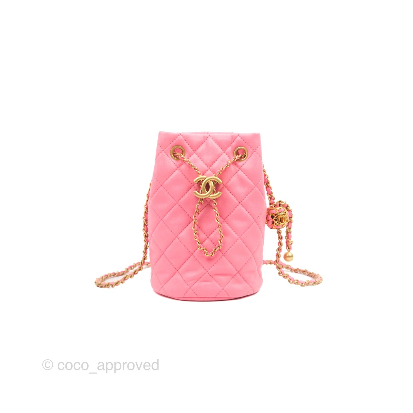 Chanel Quilted Crystal Pearl Crush Drawstring Bucket Bag Pink Lambskin Gold Hardware