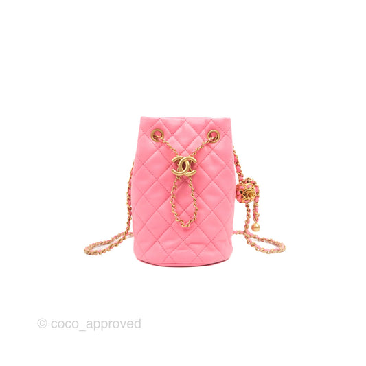 Chanel Quilted Crystal Pearl Crush Drawstring Bucket Bag Pink Lambskin Gold Hardware