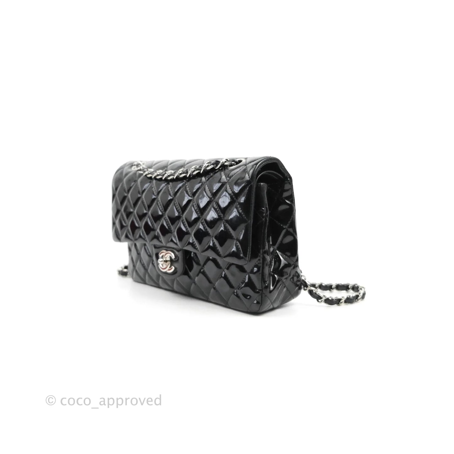 Chanel Classic Quilted M/L Medium Double Flap Black Patent Silver Hardware