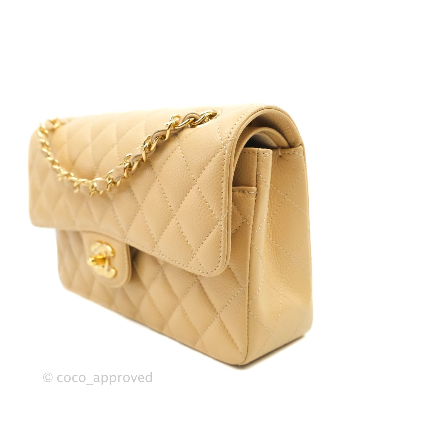 Chanel Small Classic Quilted Flap Beige Caviar Gold Hardware