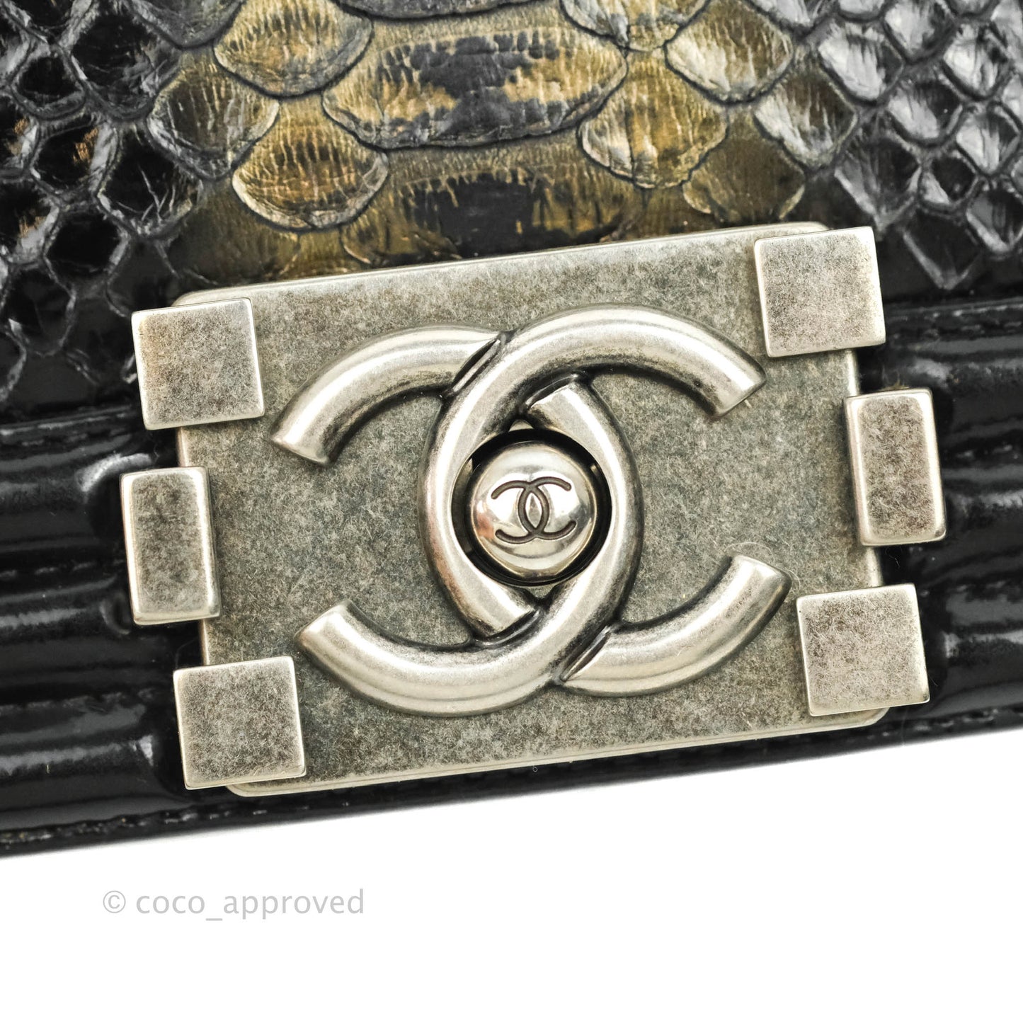 Chanel Boy Clutch Python Patent Black Ruthenium Hardware