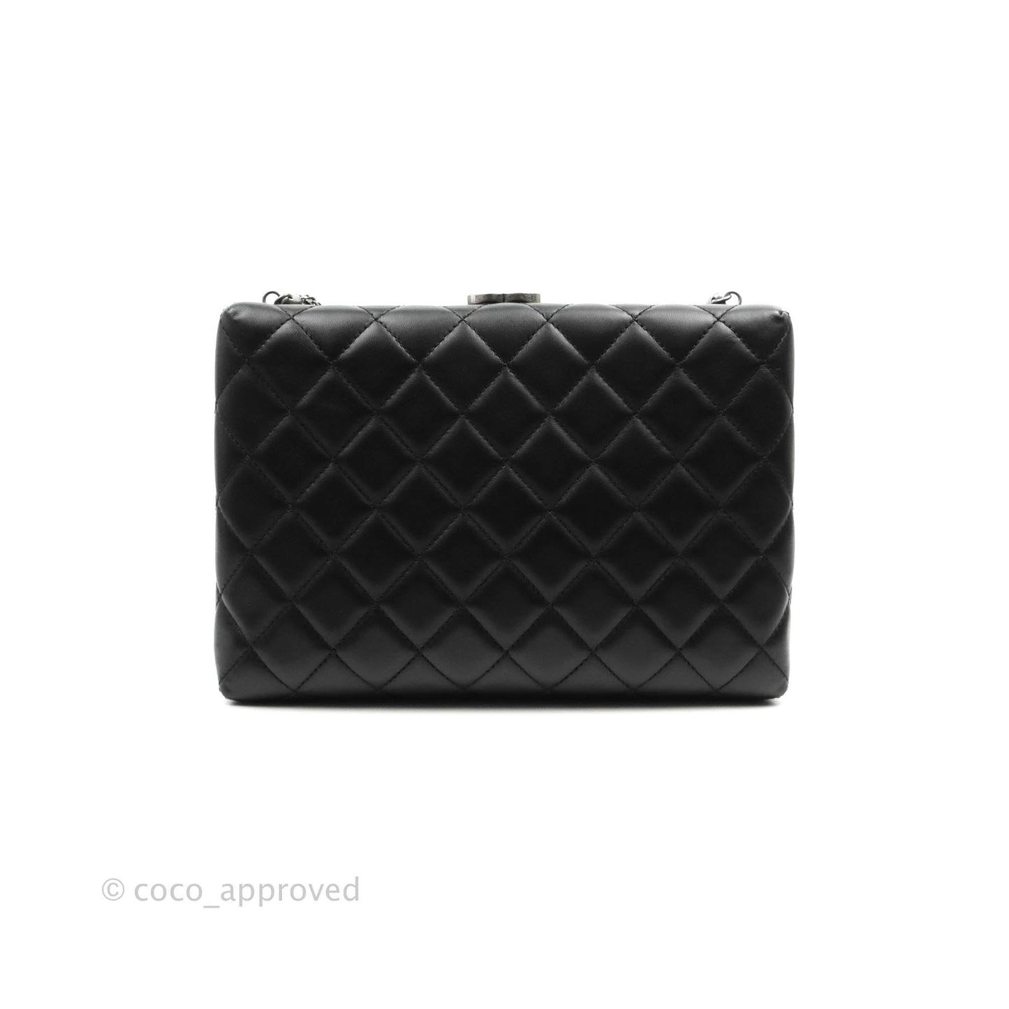 Chanel Quilted CC Kisslock Box With Chain Black Lambskin Ruthenium Hardware