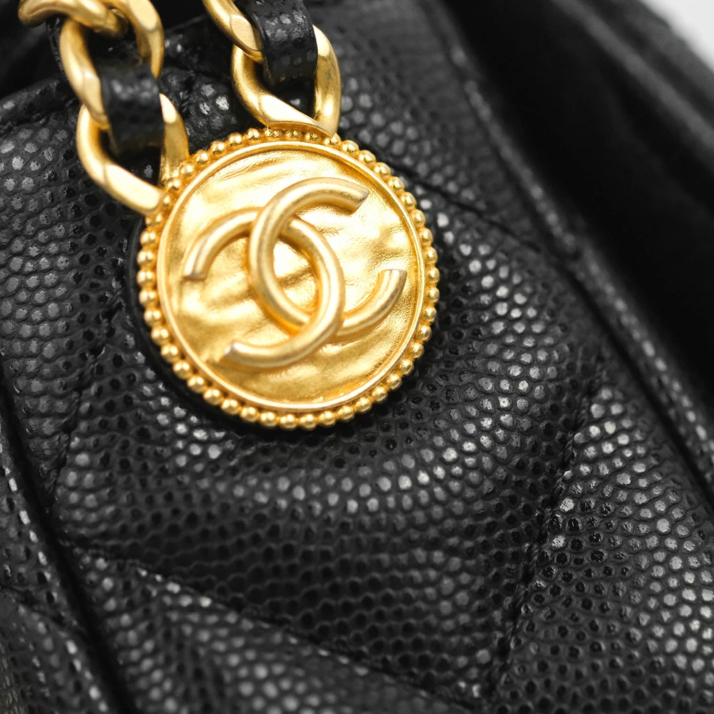 Chanel Small Flap with Coin Charm Black Caviar Aged Gold Hardware 22A