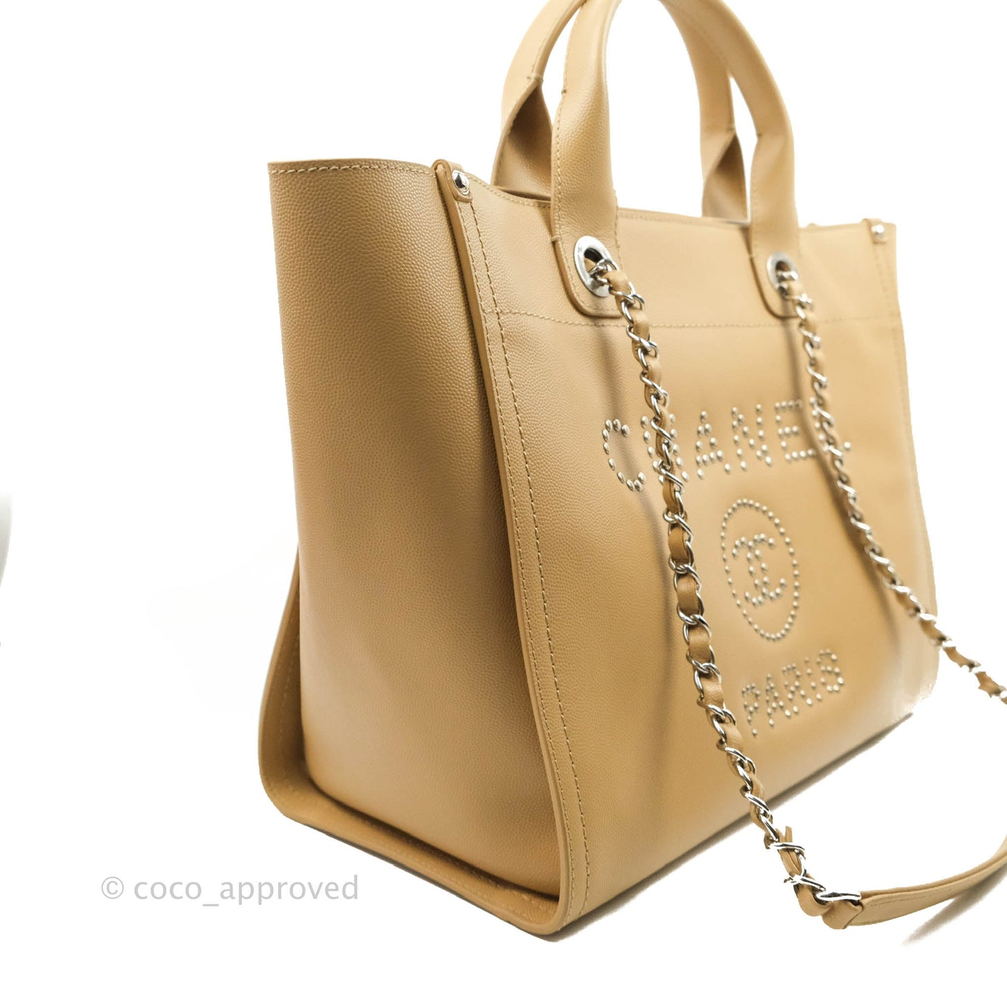 Chanel Small Studded Deauville Tote Beige Caviar Silver Hardware