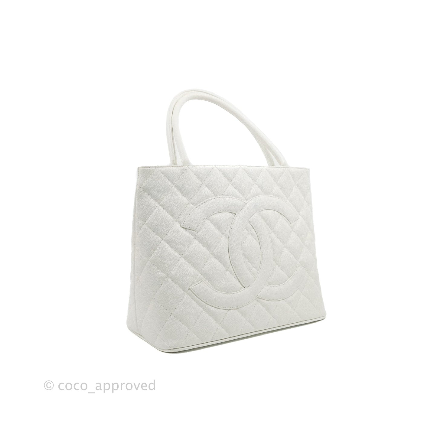 Chanel Vintage Medallion CC White Caviar Tote Bag Gold Hardware