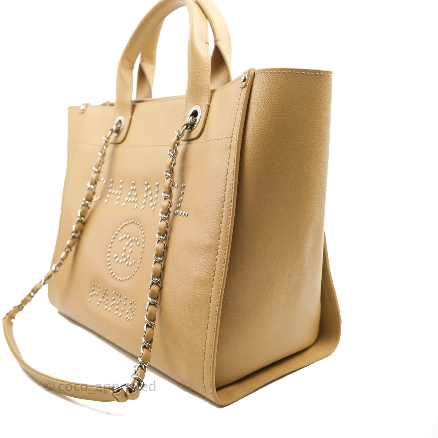 Chanel Small Studded Deauville Tote Beige Caviar Silver Hardware