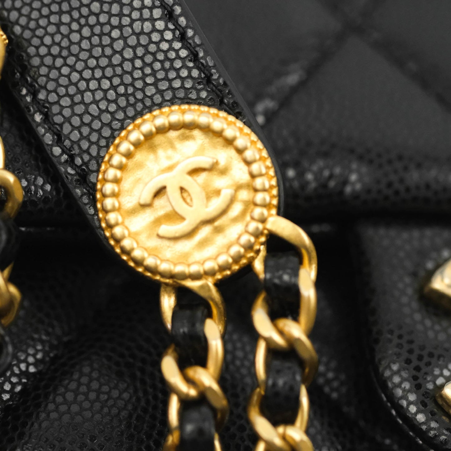 Chanel Small Flap with Coin Charm Black Caviar Aged Gold Hardware 22A
