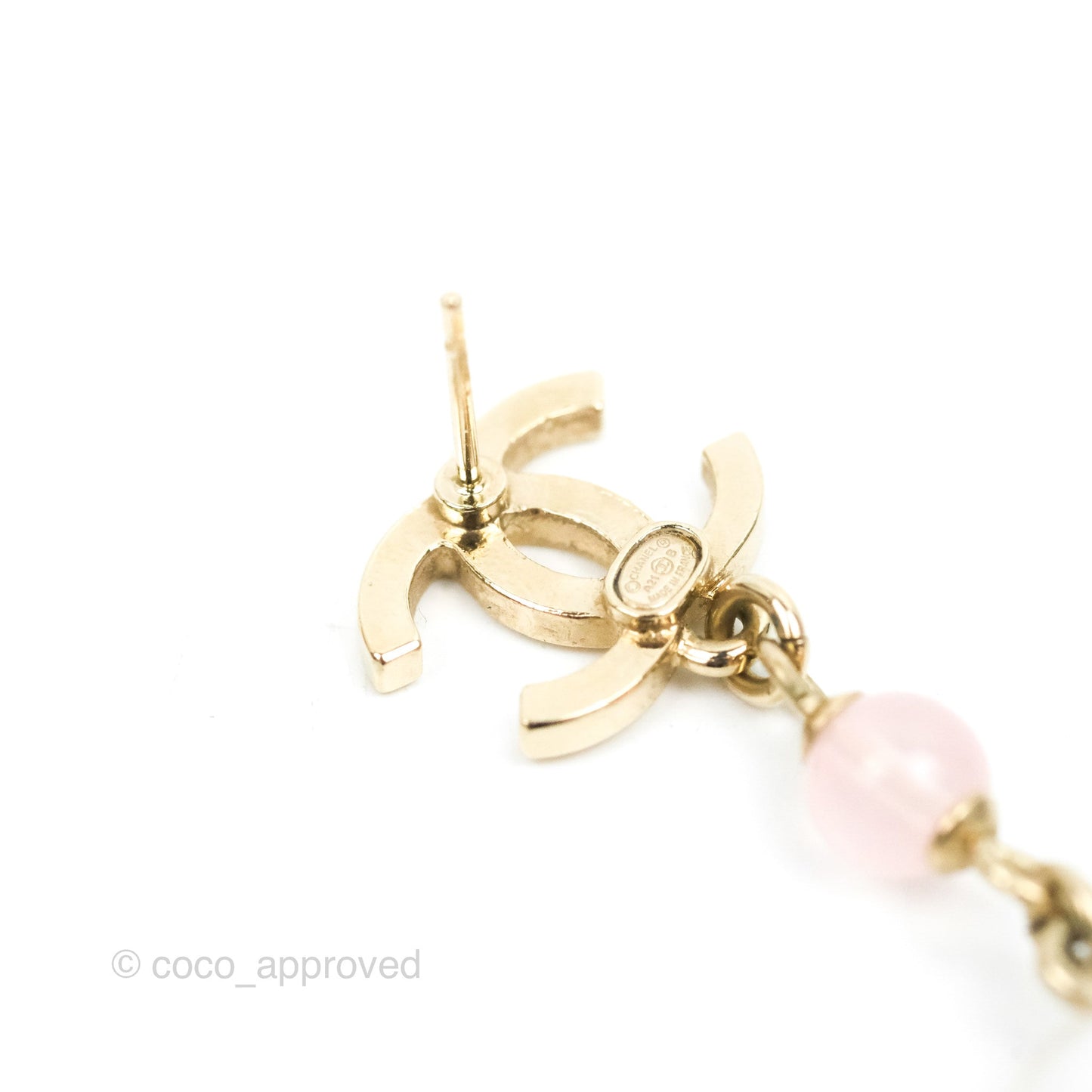 Chanel CC Pink Bead Heart Pearl Crystal CC Drop Earrings Gold Tone 21B