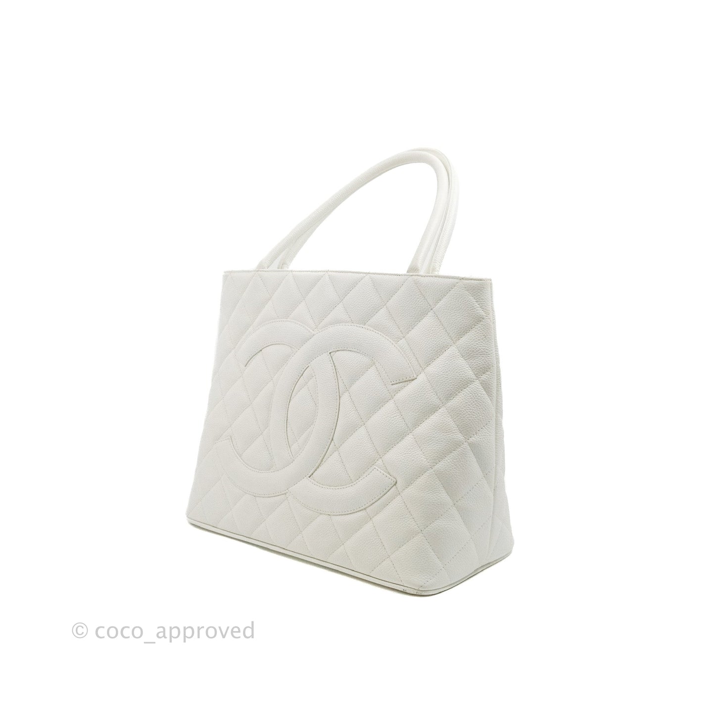 Chanel Vintage Medallion CC White Caviar Tote Bag Gold Hardware