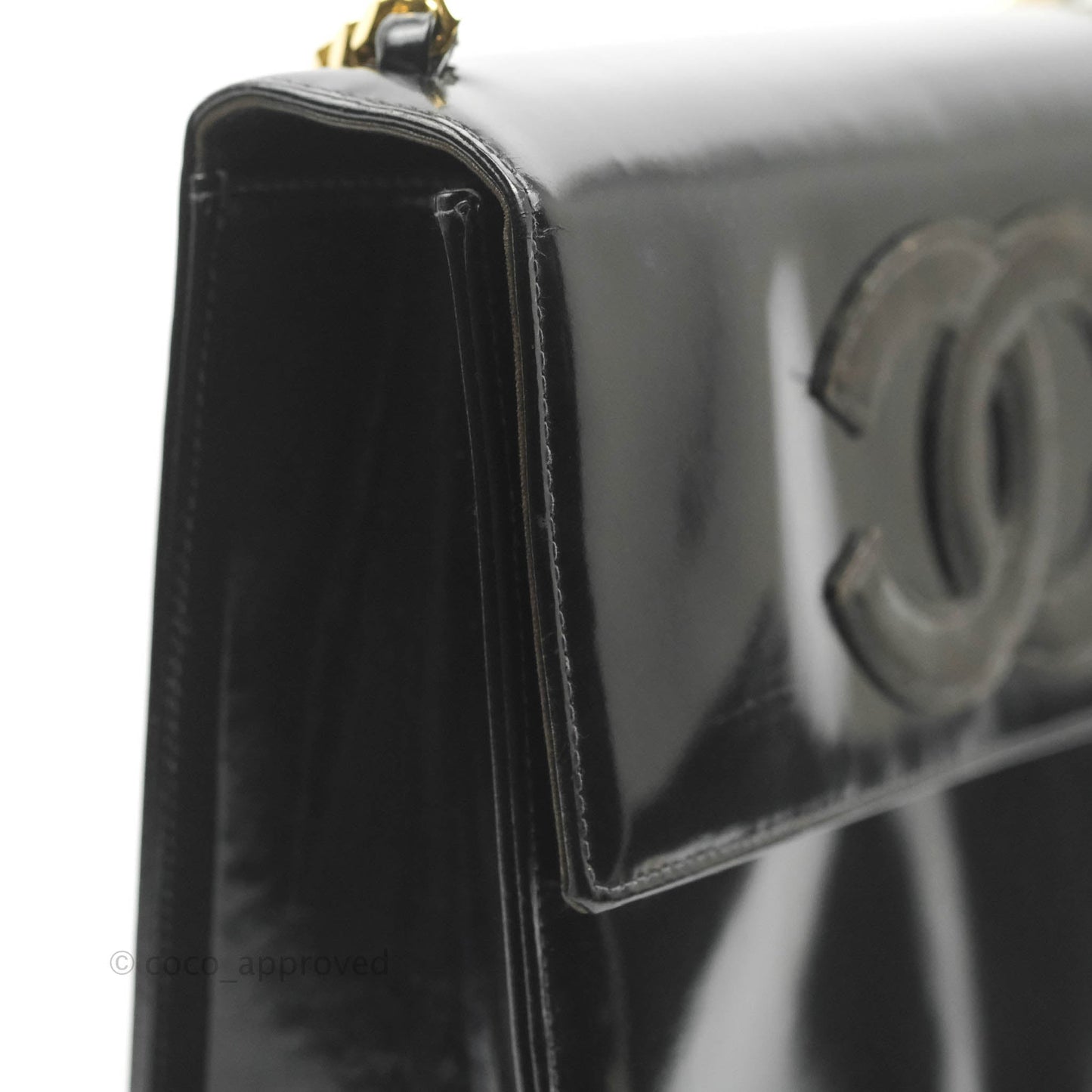 Chanel Vintage Chain Tote Bag Black Patent Gold Hardware
