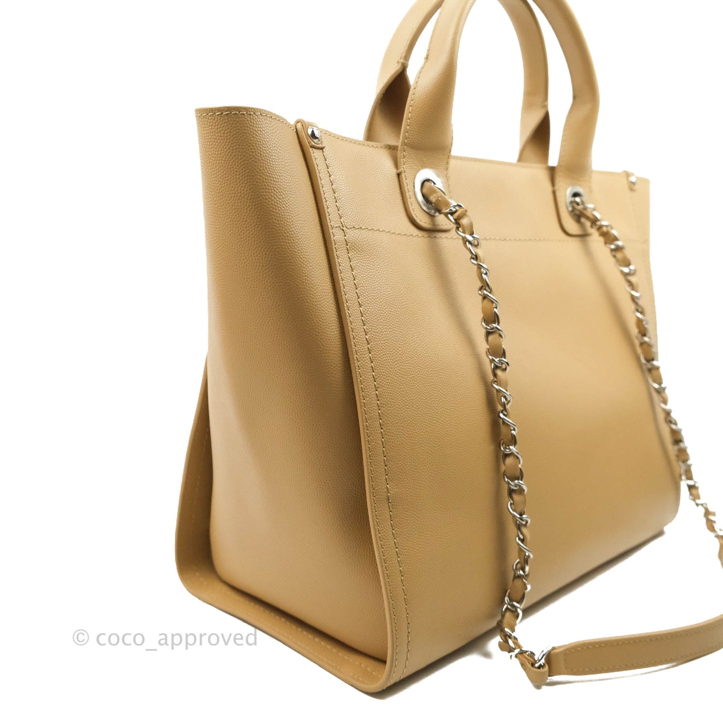 Chanel Small Studded Deauville Tote Beige Caviar Silver Hardware