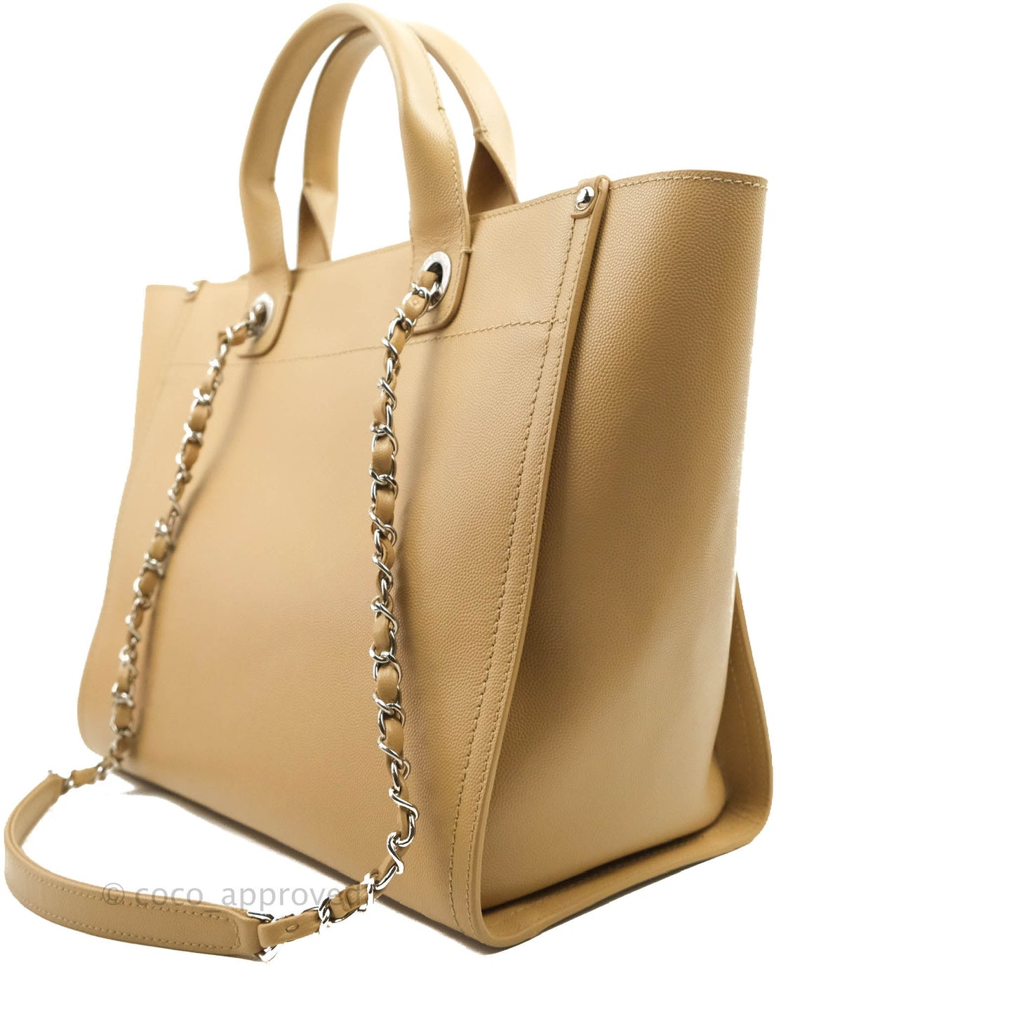 Chanel Small Studded Deauville Tote Beige Caviar Silver Hardware
