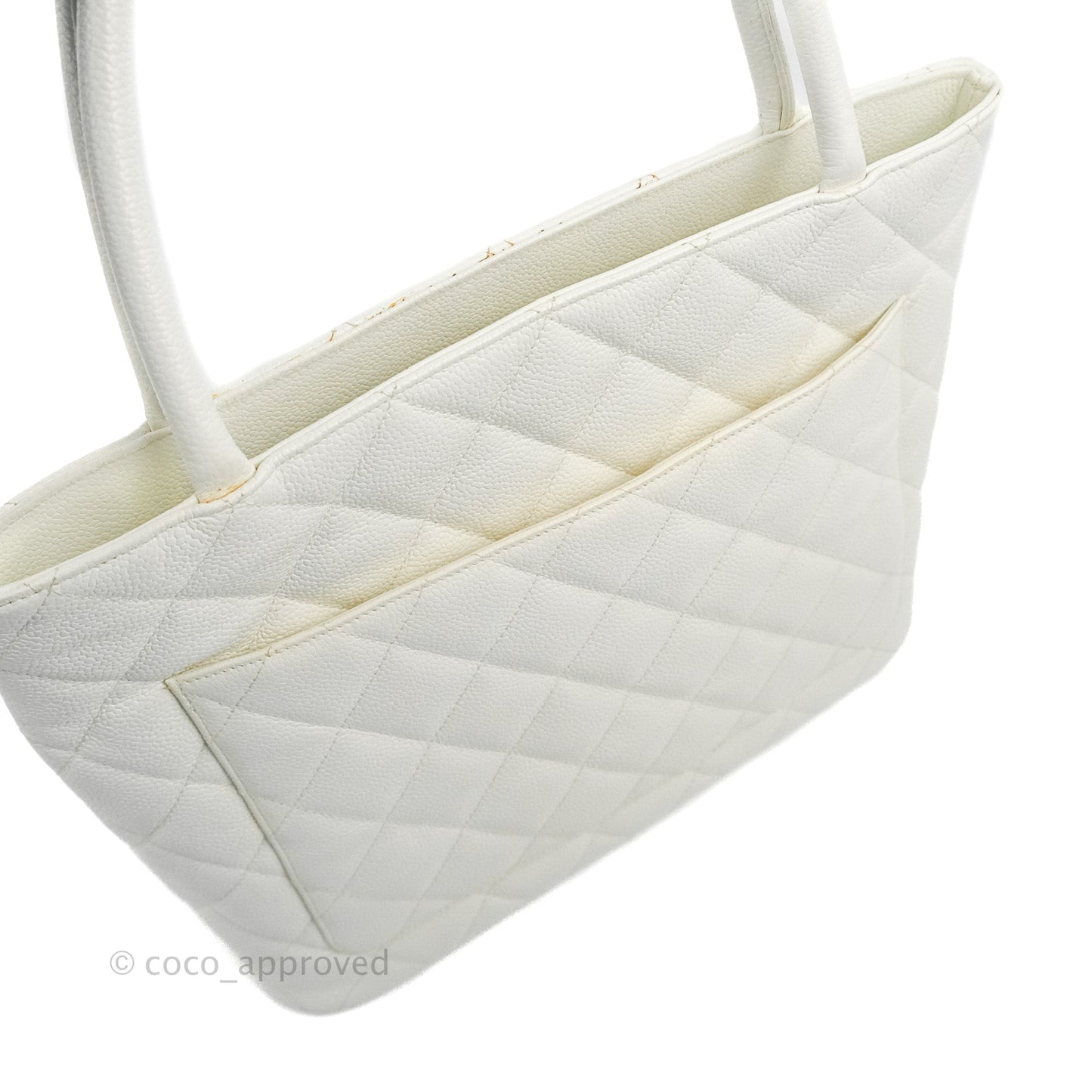 Chanel Vintage Medallion CC White Caviar Tote Bag Gold Hardware