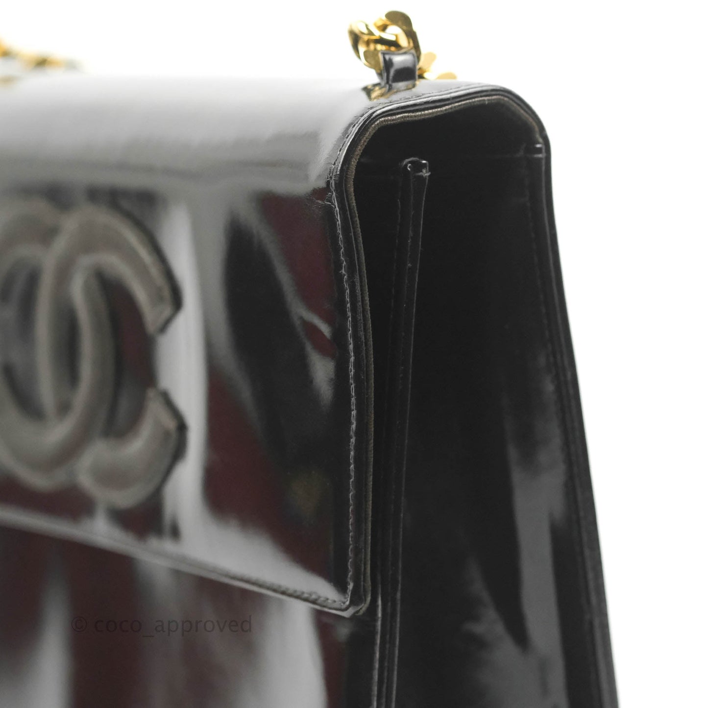 Chanel Vintage Chain Tote Bag Black Patent Gold Hardware