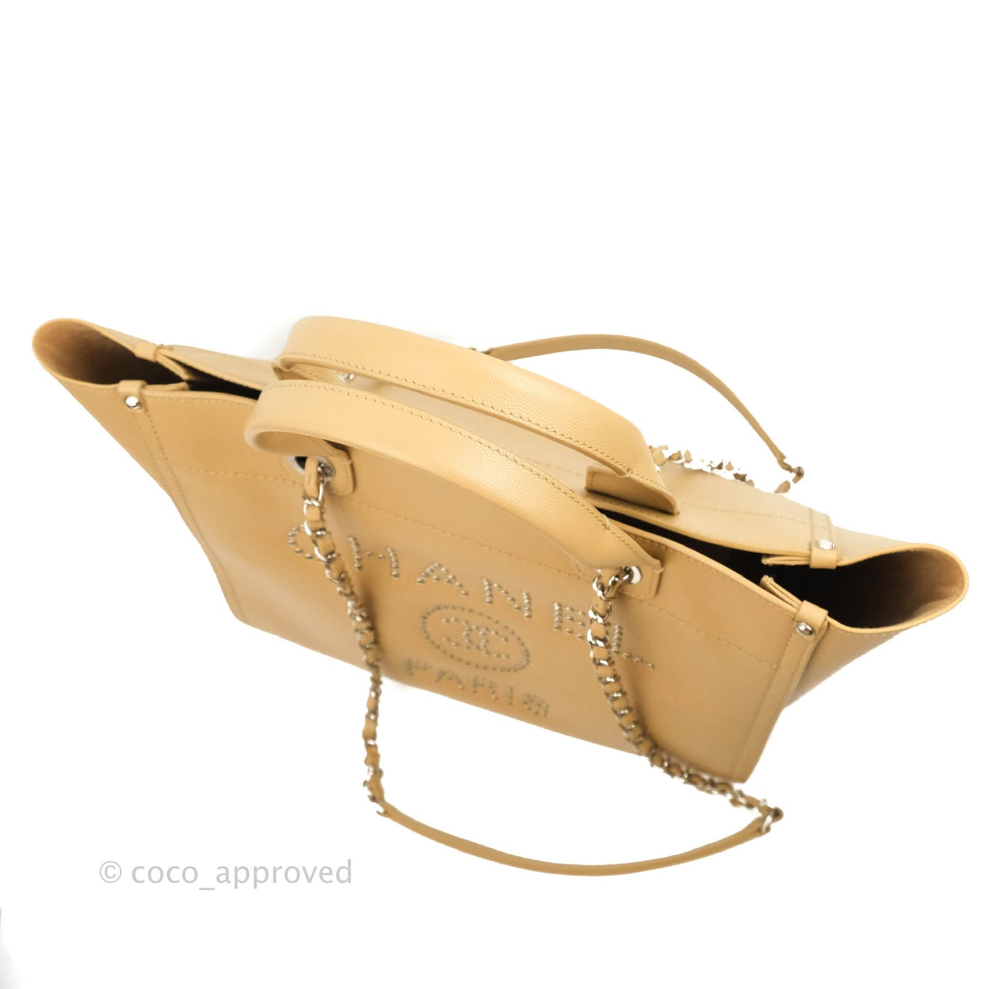 Chanel Small Studded Deauville Tote Beige Caviar Silver Hardware