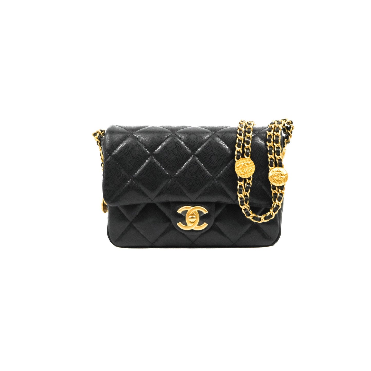 Chanel Small Flap with Coin Charm Black Caviar Aged Gold Hardware 22A