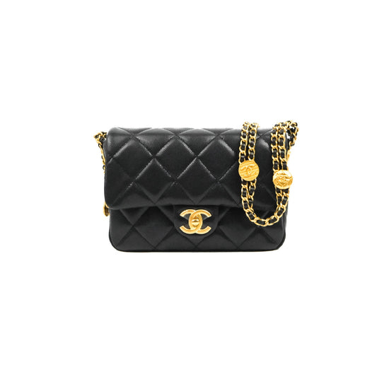 Chanel Small Flap with Coin Charm Black Caviar Aged Gold Hardware 22A