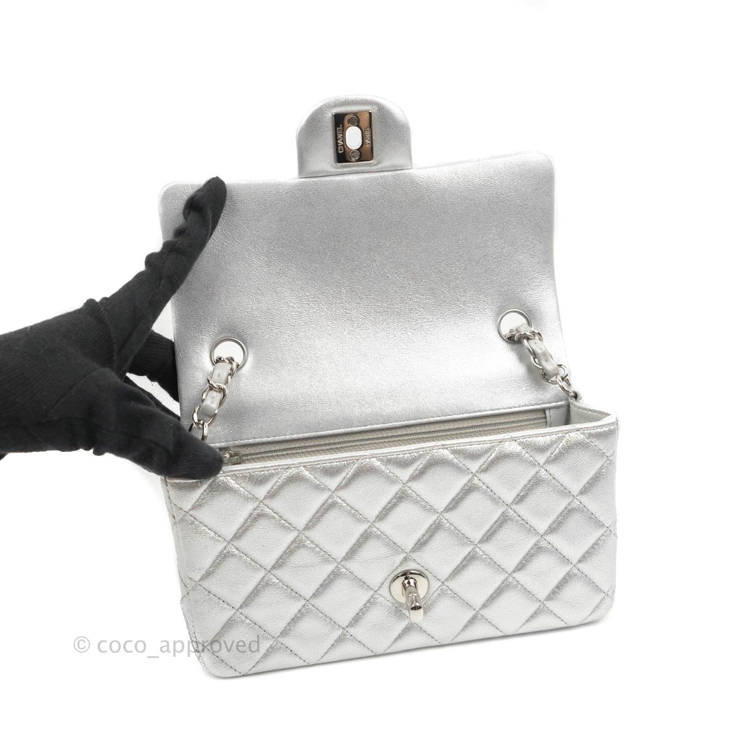Chanel Quilted Mini Rectangular Silver Lambskin Silver Hardware