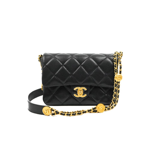 Chanel Small Flap with Coin Charm Black Caviar Aged Gold Hardware 22A