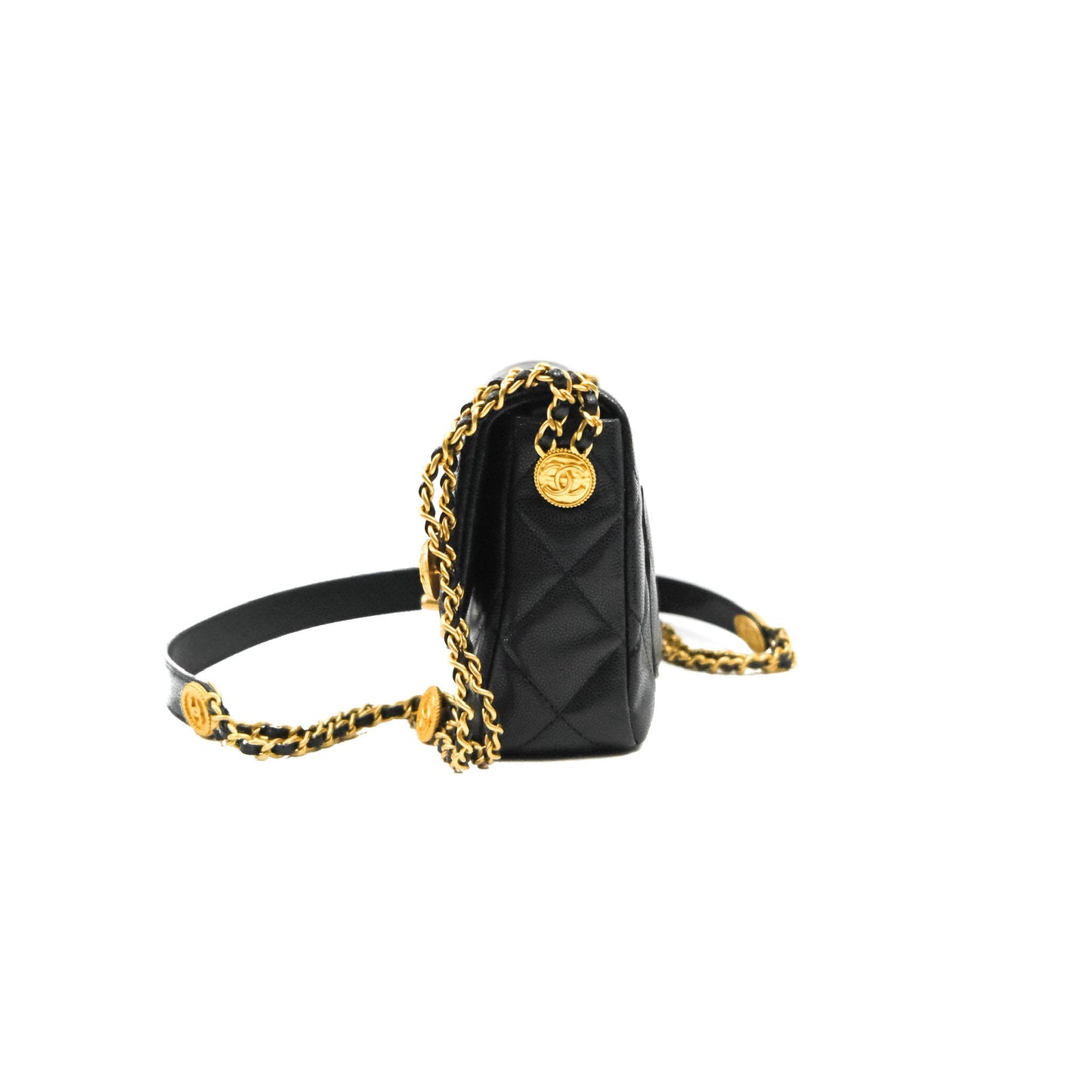 Chanel Small Flap with Coin Charm Black Caviar Aged Gold Hardware 22A