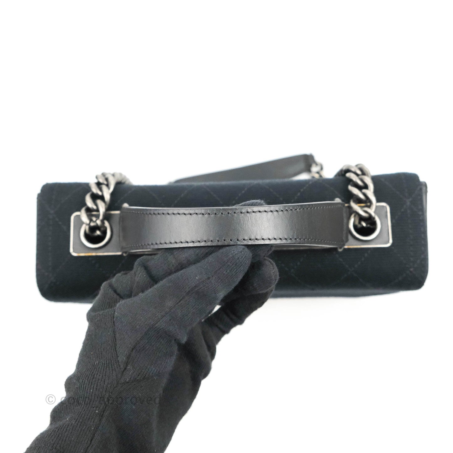 Chanel Quilted CC Top Handle with Chain Dark Navy Fabric Ruthenium Hardware 15P