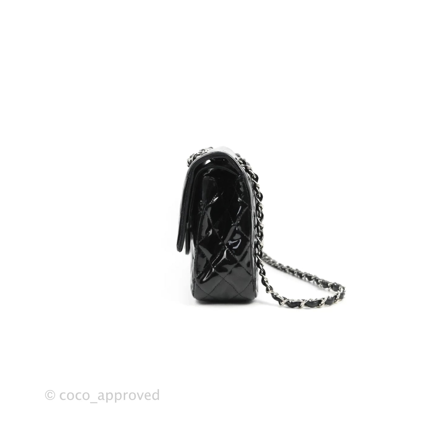 Chanel Classic Quilted M/L Medium Double Flap Black Patent Silver Hardware