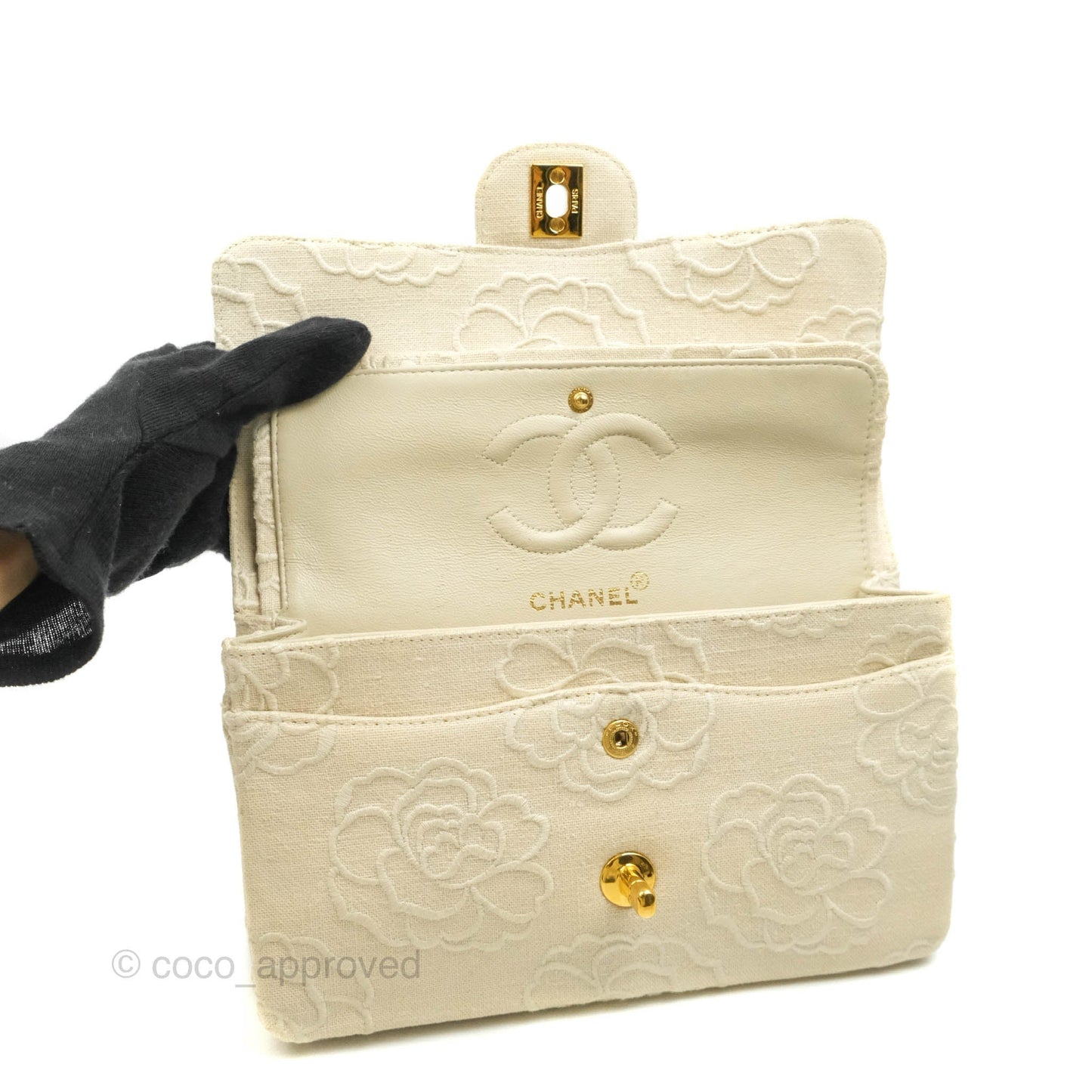 Chanel Small Flap Camellia Embroidered Ivory Beige Linen Canvas 24K Gold Hardware