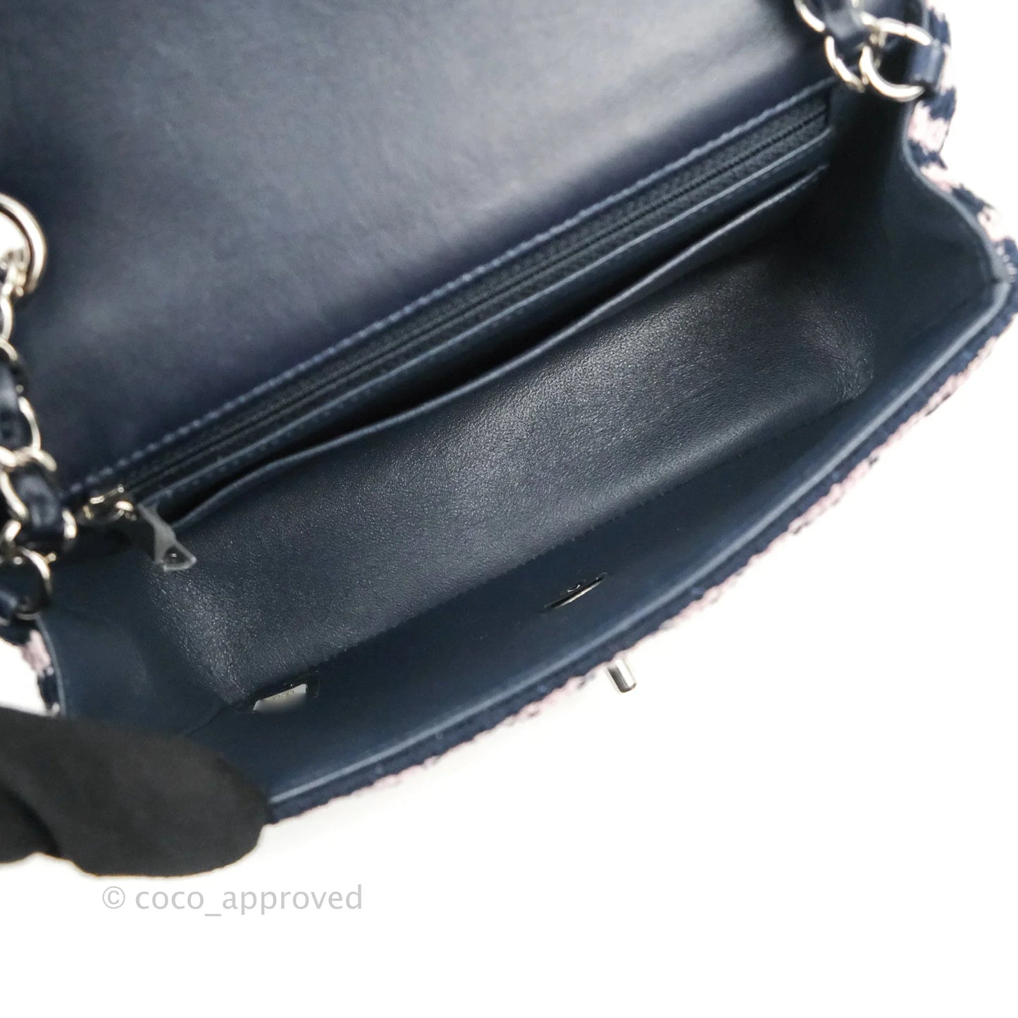 Chanel Mini Rectangular Flap Bag Navy Pink Striped Tweed Silver Hardware
