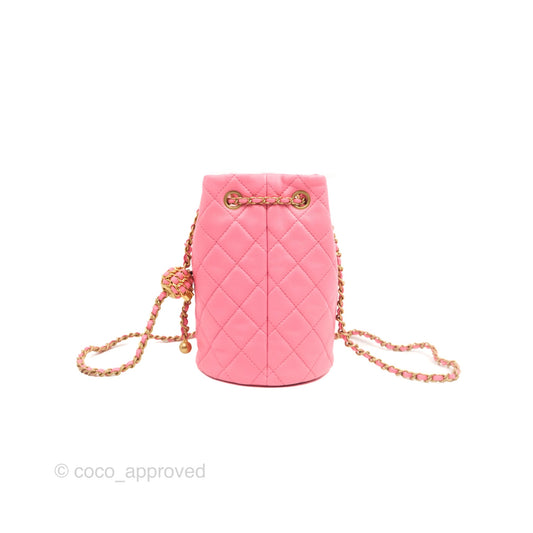 Chanel Quilted Crystal Pearl Crush Drawstring Bucket Bag Pink Lambskin Gold Hardware