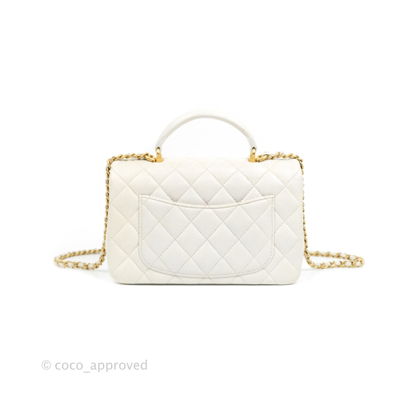 Chanel Top Handle Mini Rectangular Flap Bag Iridescent White Lambskin Aged Gold Hardware