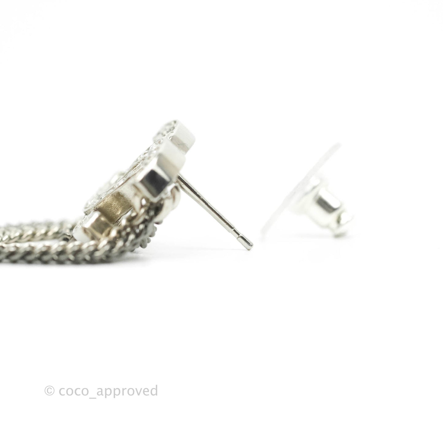 Chanel Crystal CC Chain Earrings Silver Tone 21B