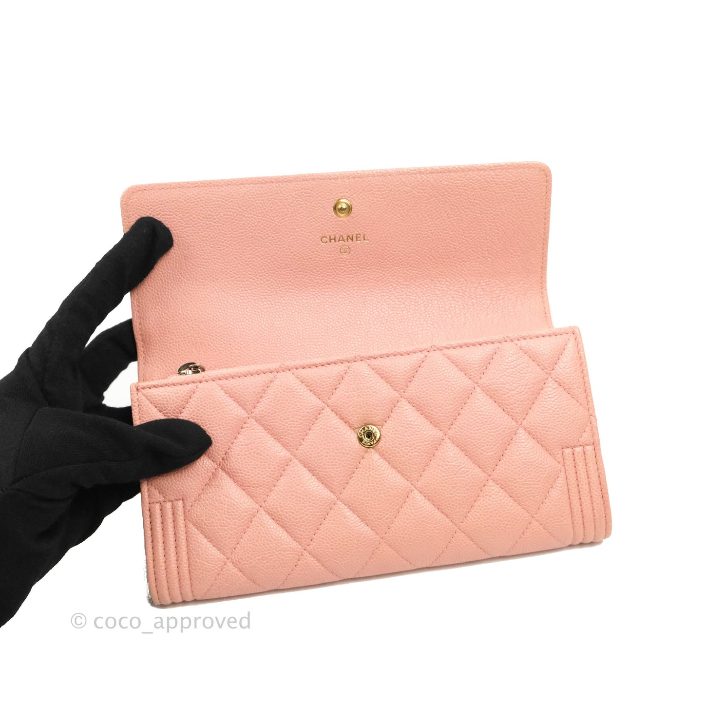 Chanel Quilted Boy Flap Long Wallet Pink Caviar Aged Gold Hardware