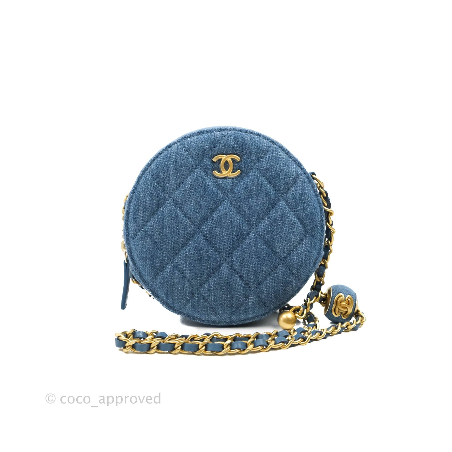 Chanel Quilted Pearl Crush Round Clutch With Chain Denim Aged Gold Hardware