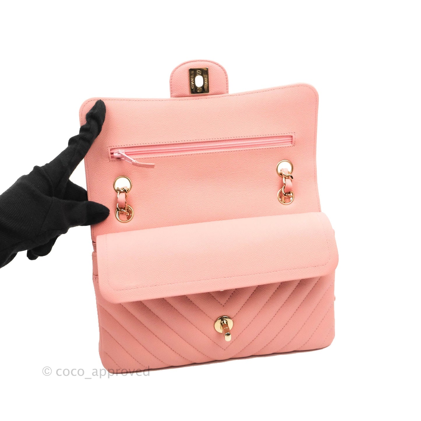 Chanel Classic Chevron S/M Small Double Flap Pink Caviar Gold Hardware