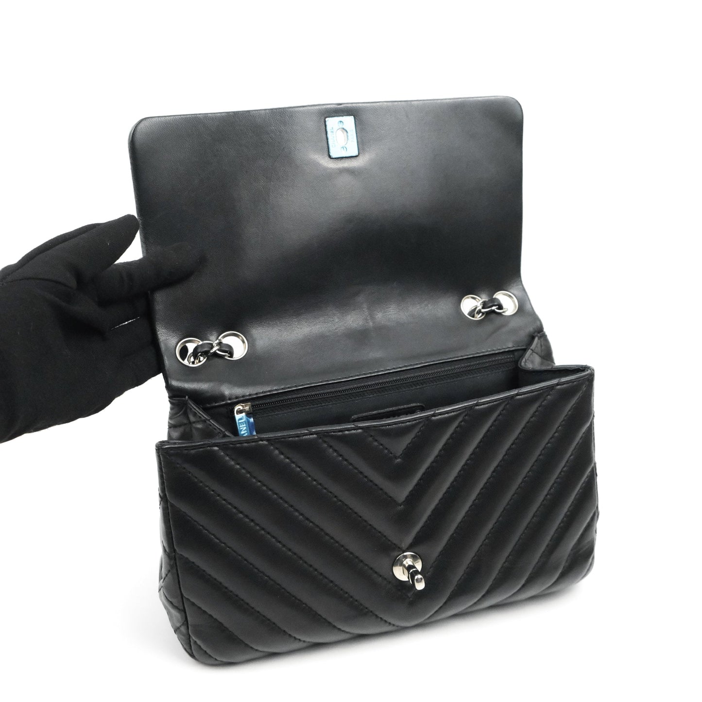 Chanel Surpique Chevron Medium Flap Black Silver Hardware