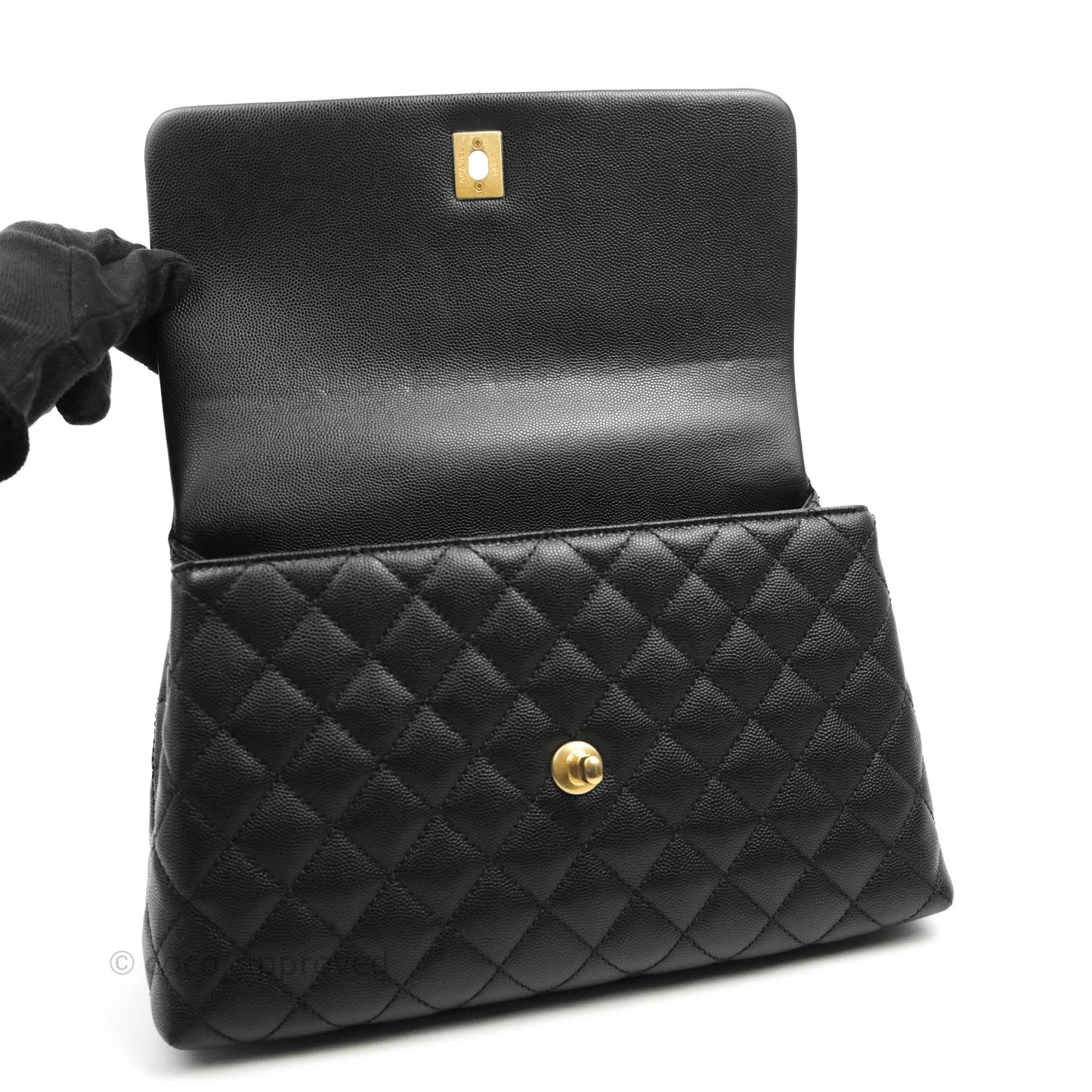 Chanel Medium Coco Handle Quilted Black Caviar Lizard Handle Gold Hardware